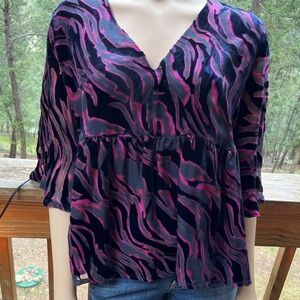 Johnny Was NWT Size L Selene Tiered Blouse Velvet and Sheer